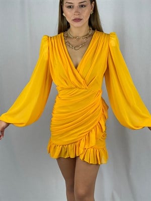 Balon-Kol-Drapeli-Fırfırlı-Tasarım-Elbise