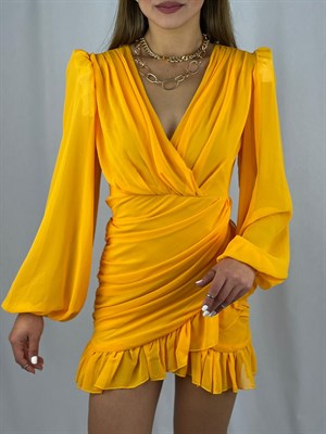 Balon-Kol-Drapeli-Fırfırlı-Tasarım-Elbise