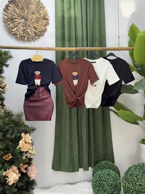 Bear Desenli Nakış Detaylı Rahat Kalıp Premium Tshirt Kahverengi