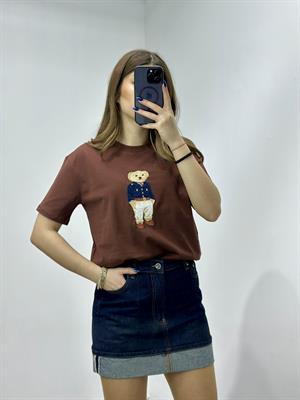 Bear Desenli Nakış Detaylı Rahat Kalıp Premium Tshirt Kahverengi