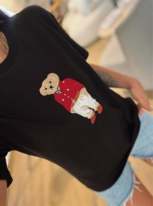 Bear Desenli Nakış Detaylı Rahat Kalıp Premium Tshirt Siyah