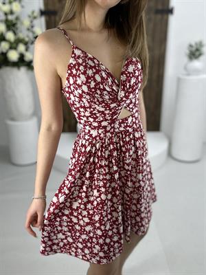 Bel Detaylı Viskon Kumaş Glop Destekli Çiçek Desen Kloş Elbise Fuşya