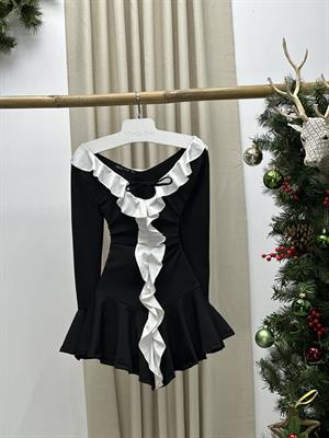 Beyaz Fırfır Detaylı Eteği Volanlı Tasarım Elbise