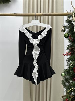 Beyaz Fırfır Detaylı Eteği Volanlı Tasarım Elbise