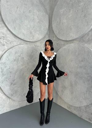 Beyaz Fırfır Detaylı Eteği Volanlı Tasarım Elbise