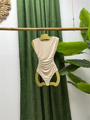 Bisiklet Yaka Önü Astarlı Büzgülü Bodysuit  Bej