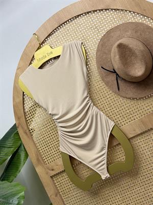 Bisiklet Yaka Önü Astarlı Büzgülü Bodysuit  Bej