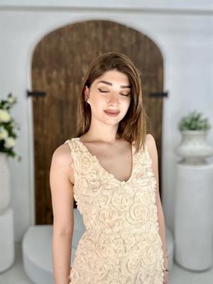 Boyutlu Çiçek Detay Şifon Kumaş V Yaka Kalem Elbise Krem
