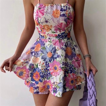 Bubble Crep Kumaş Sırt Bağ Detay Etekli Şort Tulum