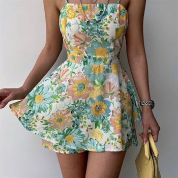 Bubble Crep Kumaş Sırt Bağ Detay Etekli Şort Tulum