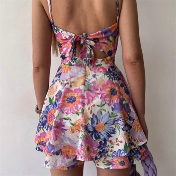 Bubble Crep Kumaş Sırt Bağ Detay Etekli Şort Tulum