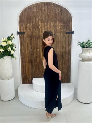 Bubble Kumaş Tek Omuz Drapeli Uzun Elbise Siyah