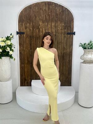 Bubble Kumaş Tek Omuz Drapeli Uzun Elbise Sarı