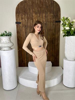 Burgu Kumaş Armalı Crop Kalem Etek İkili Takım Krem