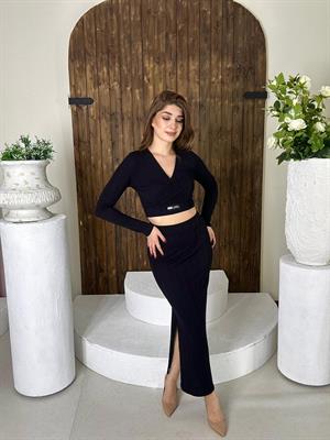 Burgu Kumaş Armalı Crop Kalem Etek İkili Takım Siyah