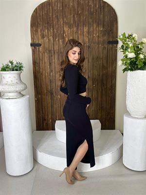 Burgu Kumaş Armalı Crop Kalem Etek İkili Takım Siyah