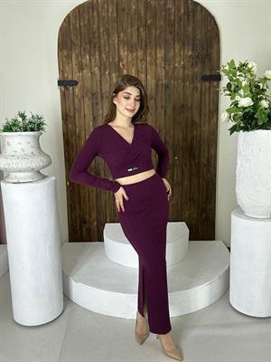 Burgu Kumaş Armalı Crop Kalem Etek İkili Takım Mor
