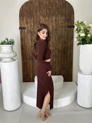 Burgu Kumaş Armalı Crop Kalem Etek İkili Takım Kahverengi