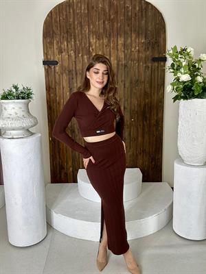 Burgu Kumaş Armalı Crop Kalem Etek İkili Takım Kahverengi