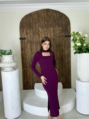 Burgu Kumaş Boyun Detay Kare Yaka Yan Yırtmaçlı Elbise Mürdüm