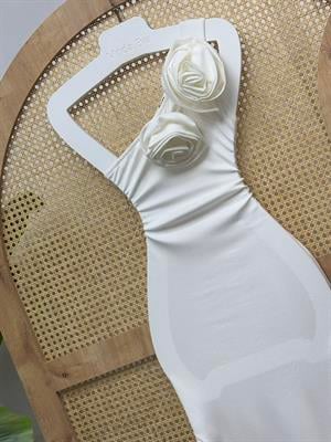 Burgu Kumaş Çiçek Detay Tek Omuz Kalem Elbise Beyaz