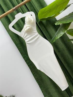 Burgu Kumaş Çiçek Detay Tek Omuz Kalem Elbise Beyaz