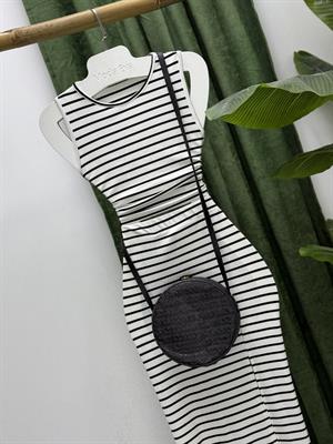 Burgu Kumaş Çizgi Desen Crop Kalem Etek İkili Takım  Beyaz