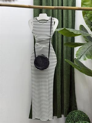 Burgu Kumaş Çizgi Desen Crop Kalem Etek İkili Takım  Beyaz