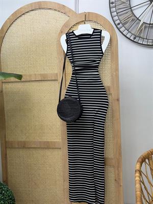 Burgu Kumaş Çizgi Desen Crop Kalem Etek İkili Takım  Siyah