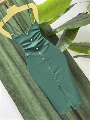 Burgu Kumaş Düğme Detay Askılı Kalem Elbise Yeşil