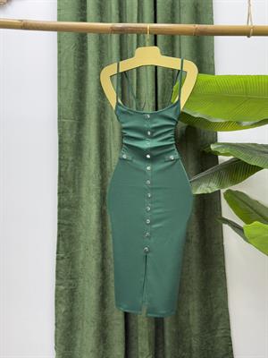 Burgu Kumaş Düğme Detay Askılı Kalem Elbise Yeşil