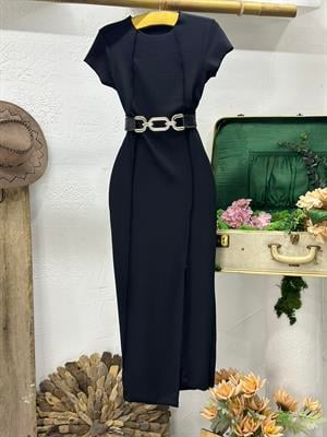 Burgu Kumaş Ters Dikiş Detaylı Uzun Elbise