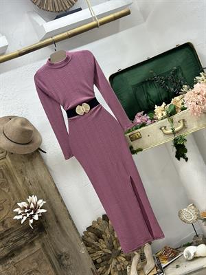 Burgu Kumaş Yan Yırtmaçlı Pembe Uzun Elbise