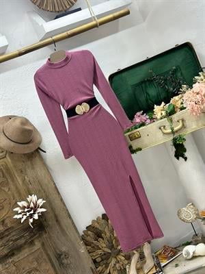 Burgu Kumaş Yan Yırtmaçlı Pembe Uzun Elbise