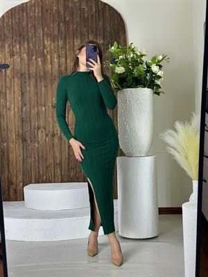 Burgu Kumaş Yan Yırtmaçlı Yeşil  Uzun Elbise