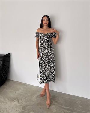 Bürümcük Kumaş Çiçek Desen Göğüs Büzgülü Sırt Gipeli Midi Boy Elbise