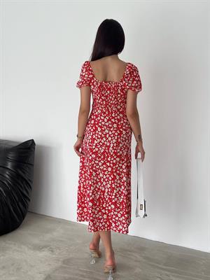 Bürümcük Kumaş Çiçek Desen Göğüs Büzgülü Sırt Gipeli Midi Boy Elbise