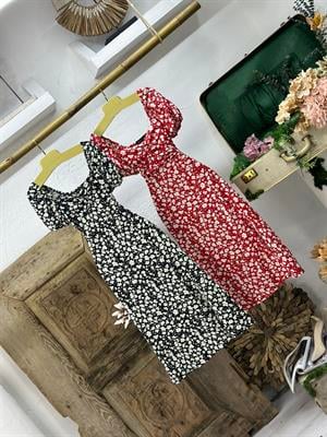 Bürümcük Kumaş Çiçek Desen Göğüs Büzgülü Sırt Gipeli Midi Boy Elbise