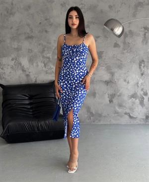 Bürümcük Kumaş Göğüs Bağ Detay Askılı Yırtmaçlı Elbisemiz 