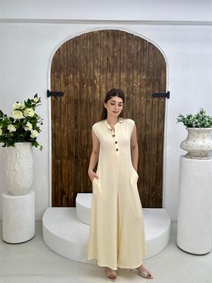 Bürümcük Kumaş Yaka Düğmeli Cepli Rahat Tulum Krem