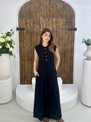 Bürümcük Kumaş Yaka Düğmeli Cepli Rahat Tulum Siyah