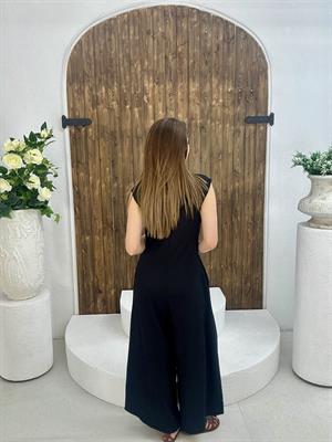 Bürümcük Kumaş Yaka Düğmeli Cepli Rahat Tulum Siyah