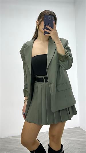 Çift Düğmeli Astarlı Oversize Poliviskon Blazer Ceket  Haki