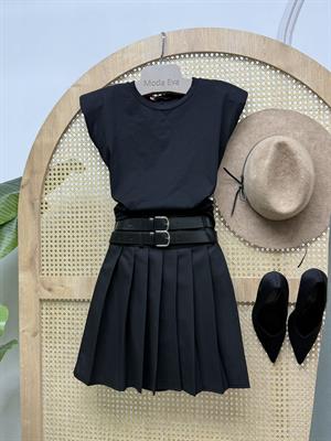 Çift Kemerli Pileli Etek Siyah