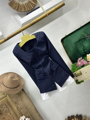 Çizgi Desen Garnili Lacivert Ceket Elbise