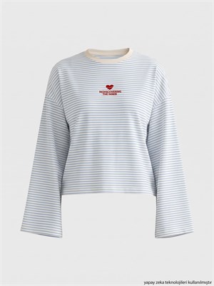 Çizgi Desen Nakışlı Süprem T-shirt Bebe Mavisi