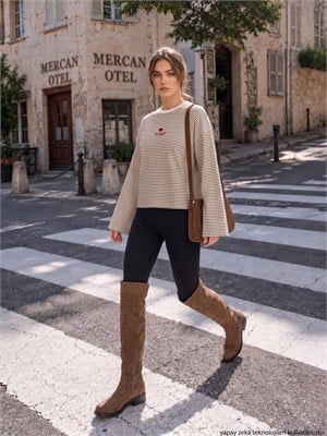 Çizgi Desen Nakışlı Süprem T-shirt Beyaz