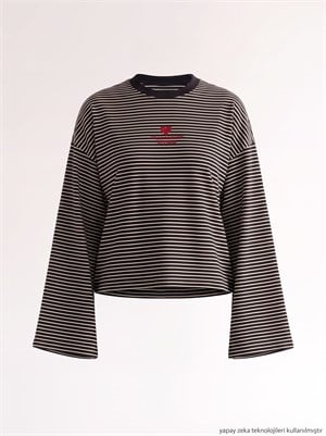 Çizgi Desen Nakışlı Süprem T-shirt Siyah