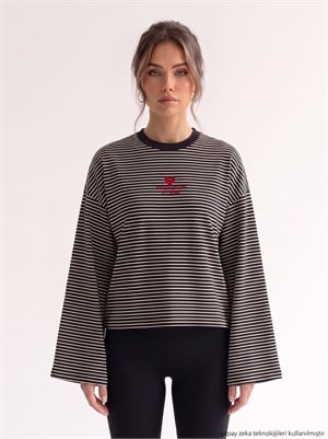 Çizgi Desen Nakışlı Süprem T-shirt Siyah