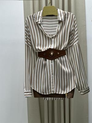 Çizgi Desen Pamuk Viskon Gömlek  Krem